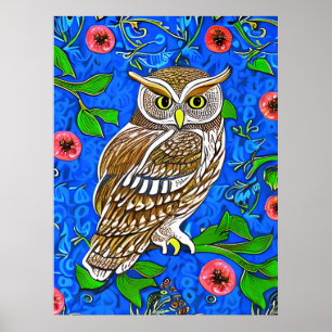 Art Nouveau Inspired Owl, Brown on Cobalt Blue Poster