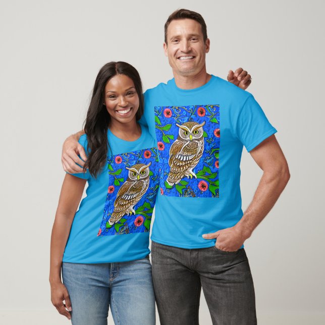 Art Nouveau Inspired Owl, Brown on Cobalt Blue T-Shirt (Unisex)