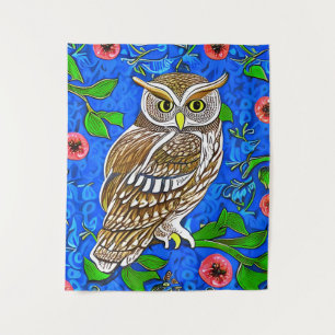 Art Nouveau Inspired Owl, Brown on Cobalt Blue Tapestry