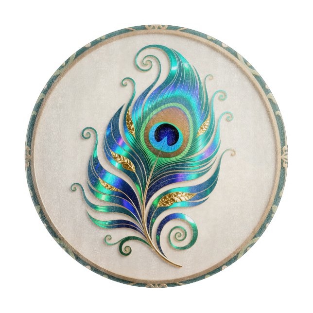 Art Nouveau Iridescent Peacock Feather Cutting Board (Front)
