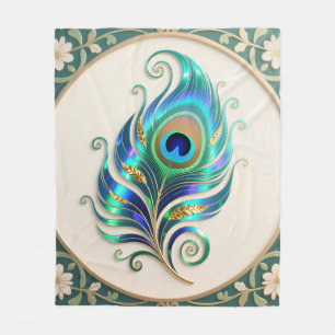 Art Nouveau Iridescent Peacock Feather Fleece Blanket