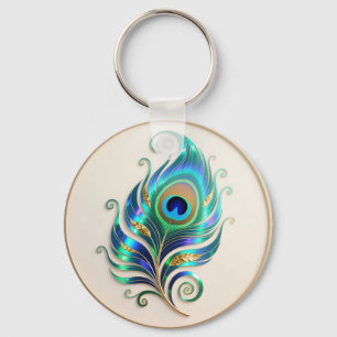 Art Nouveau Iridescent Peacock Feather Key Ring