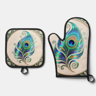 Art Nouveau Iridescent Peacock Feather Oven Mitt & Pot Holder Set