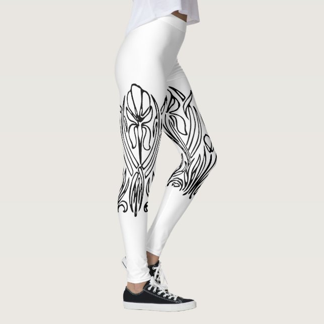 Art nouveau iris floral black and white leggings (Right)