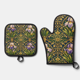 Art Nouveau Iris Floral Damask Oven Mitt & Pot Holder Set
