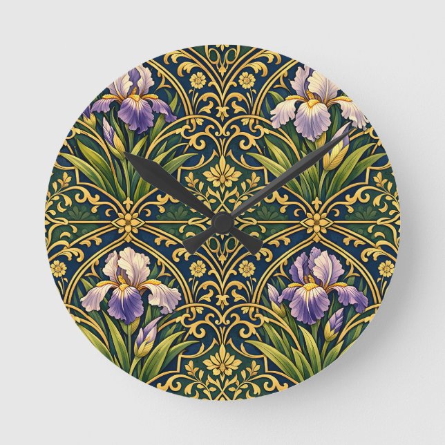 Art Nouveau Iris Floral Damask Round Clock (Front)
