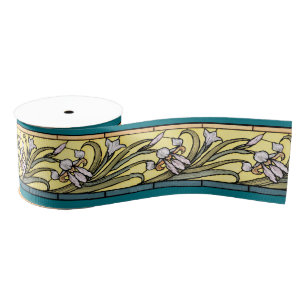 Art Nouveau Iris Floral Flowers Ribbon Grosgrain Ribbon