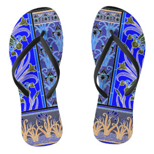Art nouveau iris flower elegant blue black verneui flip flops