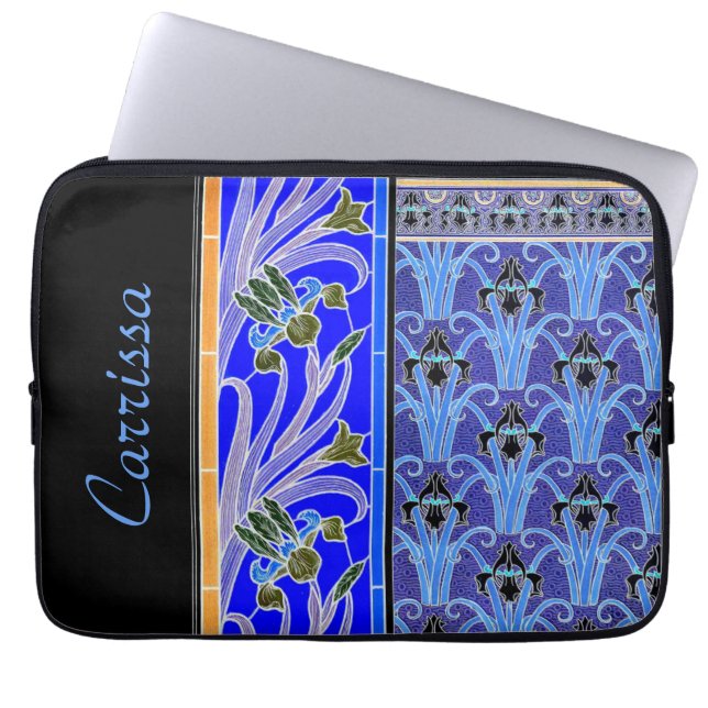 Art nouveau iris flower elegant verneuil blue blac laptop sleeve (Front)