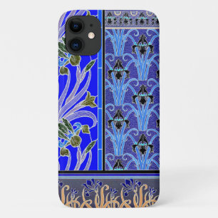 Art nouveau iris flower elegant vintage blue black iPhone 11 case