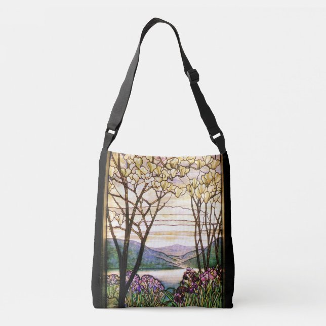Art Nouveau Iris Flowers Floral Stained Glass Crossbody Bag (Back)