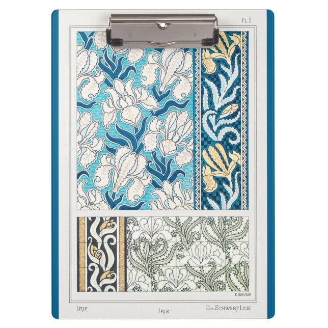 Art nouveau iris lily floral textile art blue  clipboard (Front)