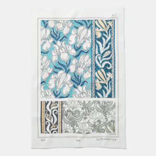 Art nouveau iris lily floral textile art blue  tea towel