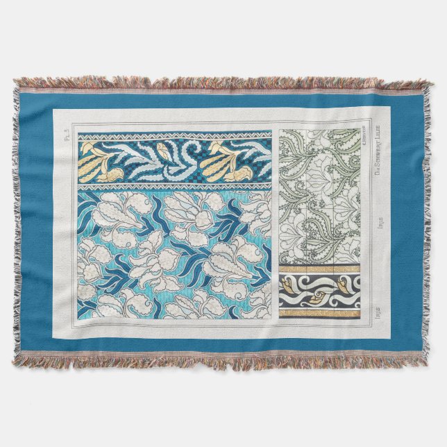 Art nouveau iris lily floral textile art throw blanket (Front)