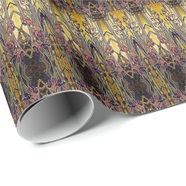 Art nouveau iris pattern gold bronze red elegant  wrapping paper (Roll Corner)
