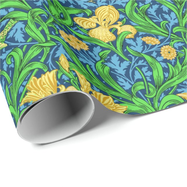 Art Nouveau Iris Print, Yellow and Cobalt Blue Wrapping Paper (Roll Corner)