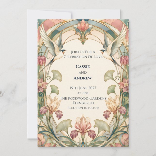 Art Nouveau Iris Swallow Wedding Invitation (Front)