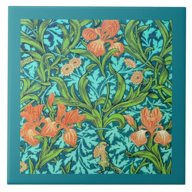 Art Nouveau Irises, Orange and Turquoise Tile (Front)