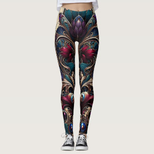 Art Nouveau Jewel Tone Floral Vintage Glam Leggings