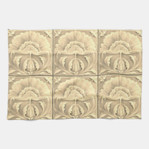 Art nouveau jugendstil flower tile gold cream  tea towel