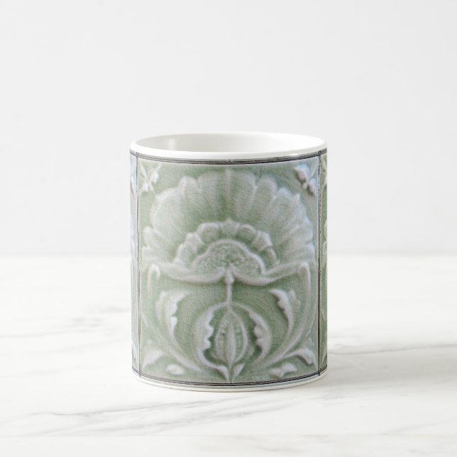 Art nouveau jugendstil flower tile grey green coffee mug (Center)