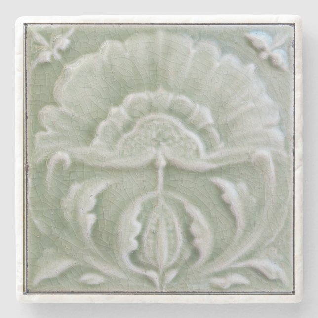 Art nouveau jugendstil flower tile grey green stone coaster (Front)