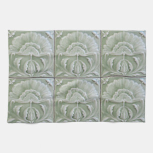 Art nouveau jugendstil flower tile grey green tea towel