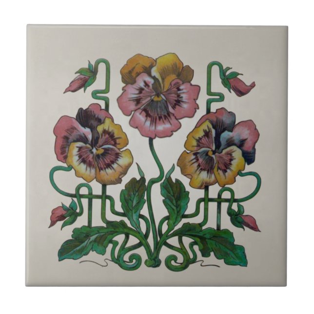 Art Nouveau Jugendstil Pink Pansies Repro Antique Tile (Front)