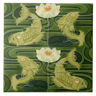  Art Nouveau Jugendstil Pond Fish Green Tile