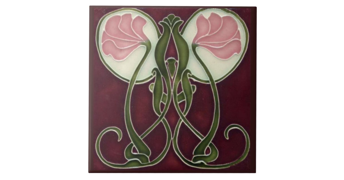 Art Nouveau Keepsake Tile Pink Flower Heads Zazzle.co.uk