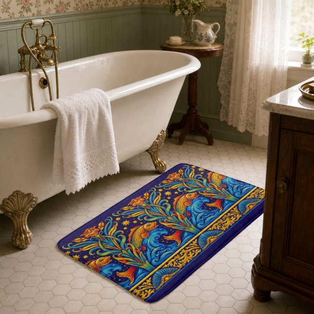Art Nouveau Koi Fish & Flowers Frieze Pattern Bath Mat (Creator Uploaded)