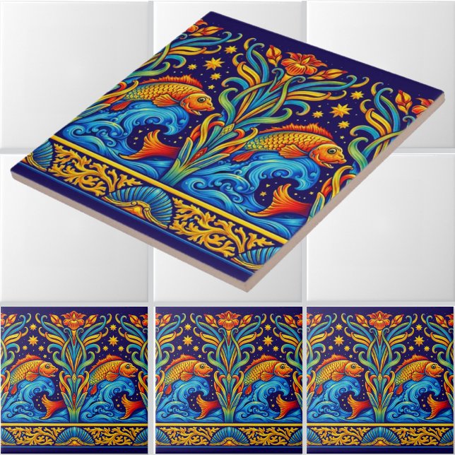 Art Nouveau Koi Fish & Flowers Frieze Pattern Tile (Creator Uploaded)