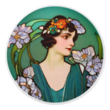 Art Nouveau Lady and Flowers - Green and Lilac
