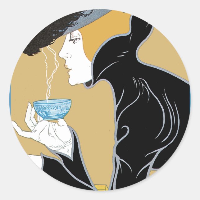 Art Nouveau Lady Drinking Tea Classic Round Sticker (Front)