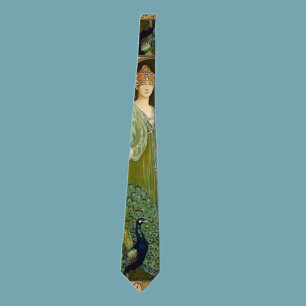 Art Nouveau Lady & Peacock Vintage Illustration Tie