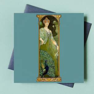 Art Nouveau Lady & Peacock Vintage Illustration Tile