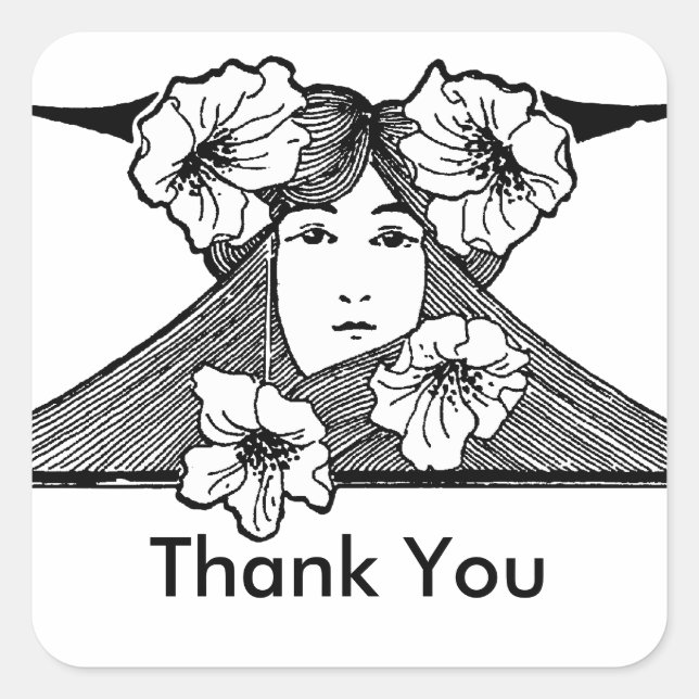Art Nouveau Lady with Flowers Thank You Square Sticker (Front)