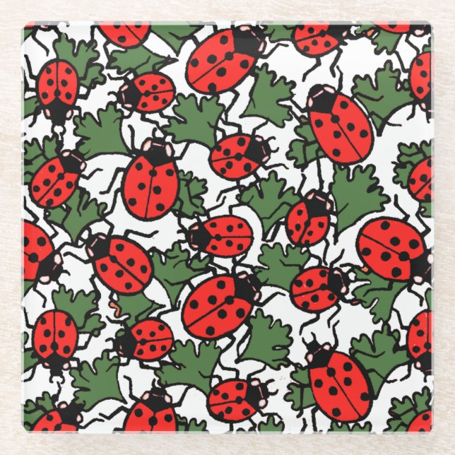 Art Nouveau Ladybug Insects Pattern Glass Coaster (Front)