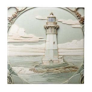 Art Nouveau Lighthouse Faux Relief Light Mint Blue Tile