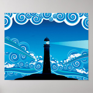 Art nouveau lighthouse in the sea poster