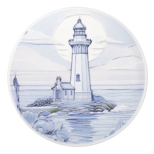 Art Nouveau Lighthouse Ocean Sea Blue and White Ceramic Knob