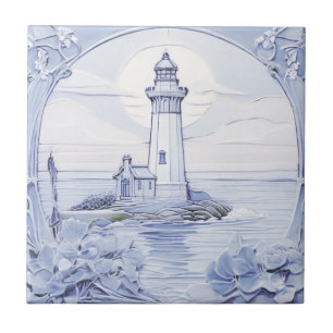 Art Nouveau Lighthouse Ocean Sea Blue and White Tile