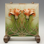 Art Nouveau Lilies Tile<br><div class="desc">Elevate your home décor with this exquisite Art Nouveau Lilies Ceramic Tile, exclusively printed by Zazzle. This flat ceramic tile, featuring no embossed features, captures the elegance of the Art Nouveau style with its fluid lines and organic forms. The design showcases two beautifully intertwined lilies in shades of orange and...</div>
