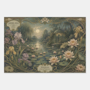 ART NOUVEAU LILY POND VINTAGE BOTANICAL GARDEN WRAPPING PAPER SHEET