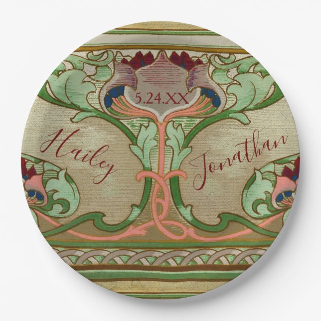 Art Nouveau Lotus Flower Personalise Wedding Decor Paper Plate (Front)