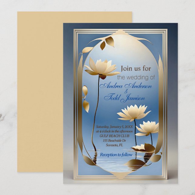 Art nouveau lotus flowers wedding  invitation (Front/Back)