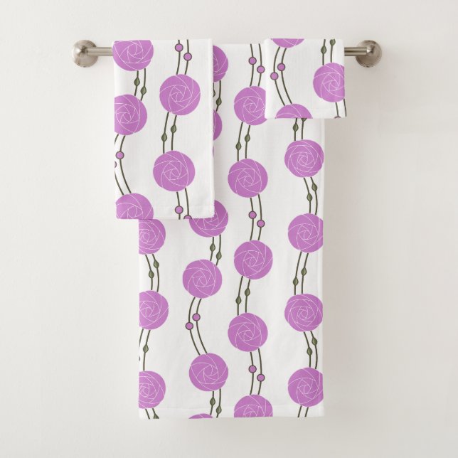 Art Nouveau Mackintosh Rose Stripes Pink Bath Towel Set (Insitu)