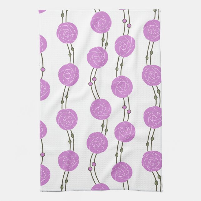 Art Nouveau Mackintosh Rose Stripes Pink Tea Towel (Vertical)
