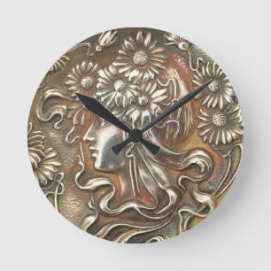 Art Nouveau Maiden Silver Repousse Acryllic Clock