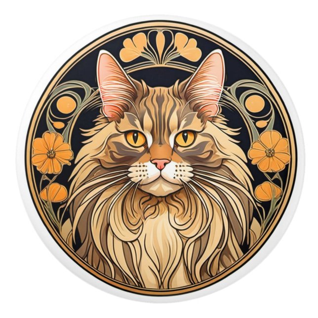 Art Nouveau Maine Coon Cat Ceramic Knob (Front)